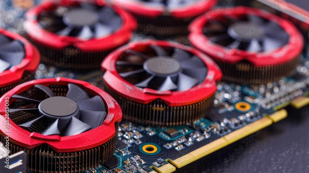 Poster close-up of a computer graphics card featuring red cooling fans and intricate circuitry.