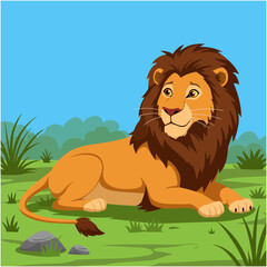 Majestic Lion Resting in African Savanna Grassland