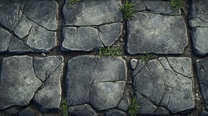 Obraz premium Ancient Stone Pavement Texture: A Detailed Look at Cracked Cobblestones and Weathered Terrain