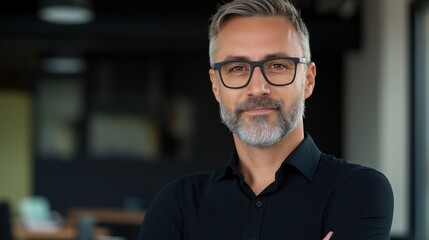 Obraz premium Portrait of a middle-aged man with a beard and glasses. he is standing in an office or workspace with a blurred background.