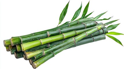 Fototapeta premium Fresh Bamboo Stalks with Green Leaves on White Background