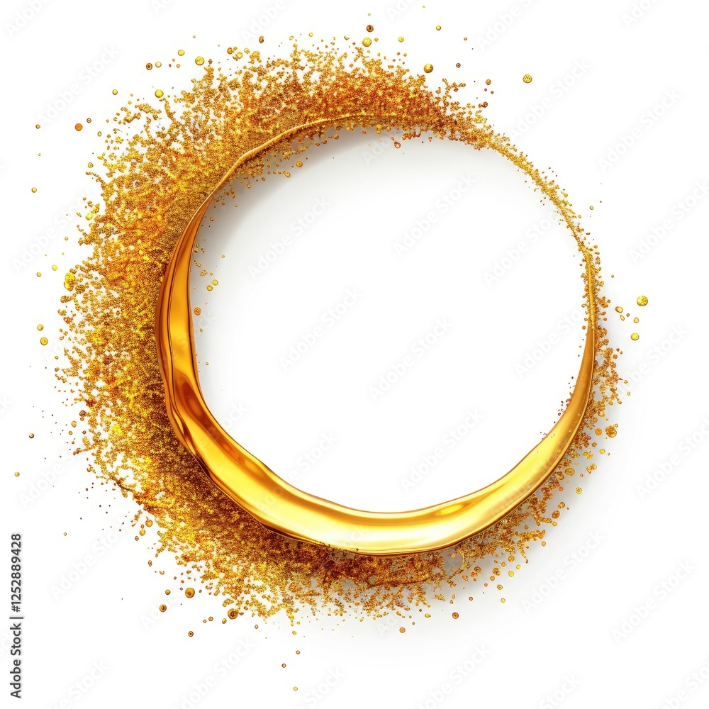 Poster golden circular splash with glittering particles creating a vibrant effect.