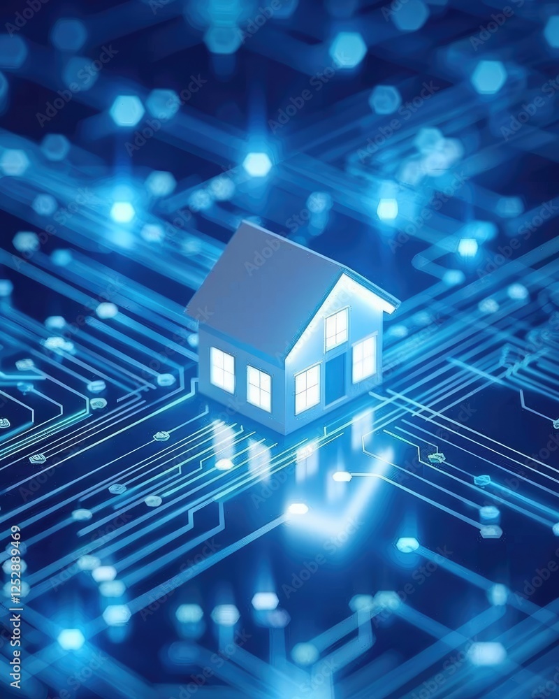 Poster digital house on a network of glowing lines representing smart home technology.