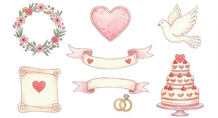 Romantic wedding elements: floral wreath, heart, dove, banners, cake, rings, scroll