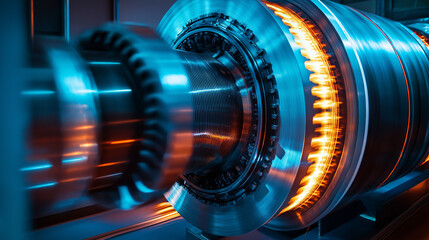 A close-up of a powerful mechanical engine highlights intricate designs and glowing elements, symbolizing innovation and technological advancement in modern machinery.