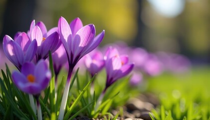 Purple crocus flowers swaying in a gentle wind, garden, wind