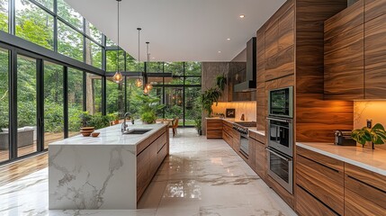 Modern kitchen with island, marble countertops, and jungle view