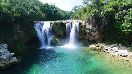 Obraz premium Two Tier Waterfall In Lush Green Forest