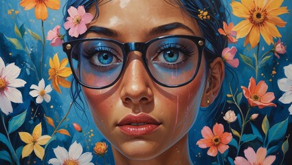 Vibrant portrait of a young woman surrounded by colorful flowers, showcasing artistic expression and creativity in a serene outdoor setting