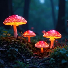 Fototapeta premium Glowing mushrooms in a dense thicket of brambles, brambles, overgrown