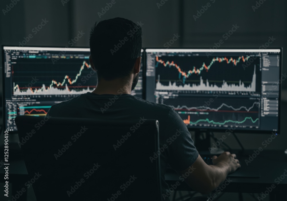 Poster trader analyzing financial markets with dual monitors in dark office setting