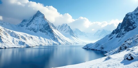 Fjord peaks shrouded in swirling snow and clouds above a serene landscape, snow, landscape