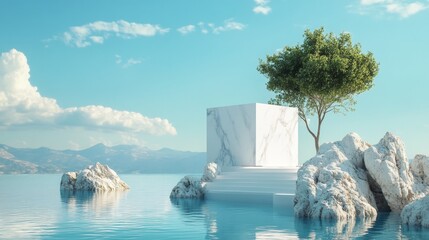 Futuristic island with surreal structures and water reflections