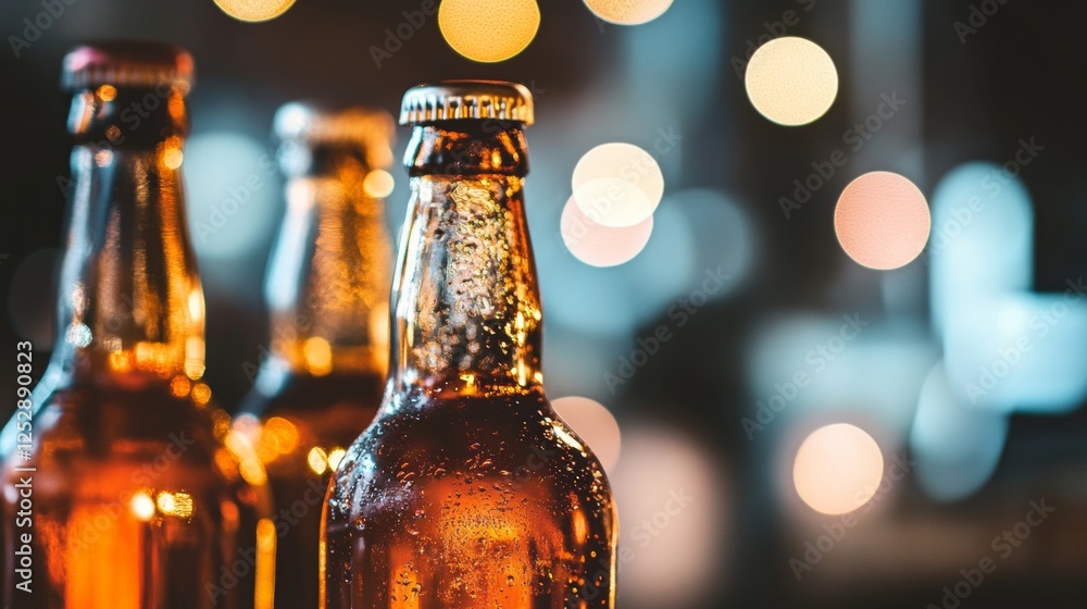 Poster bottles of beer with bokeh lighting in the background