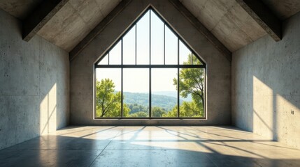 Fototapeta premium Vast Expansive Room with a Triangular Window Showcasing a Lush Green Landscape Beyond