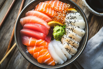 Top view of sashimi platter featuring thinly sliced salmon, tuna, and scallops, garnished with wasabi, lemon, sesame seeds, and soy sauce on a wooden table. Concept of Japanese tradition cuisine.