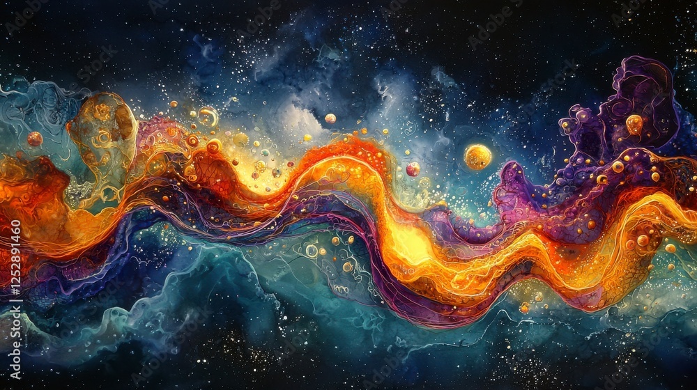 Poster abstract cosmic art with vibrant waves of color and celestial elements capturing the essence of the 
