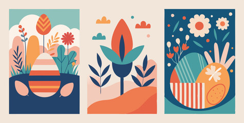 Easter poster collection with abstract floral and egg designs