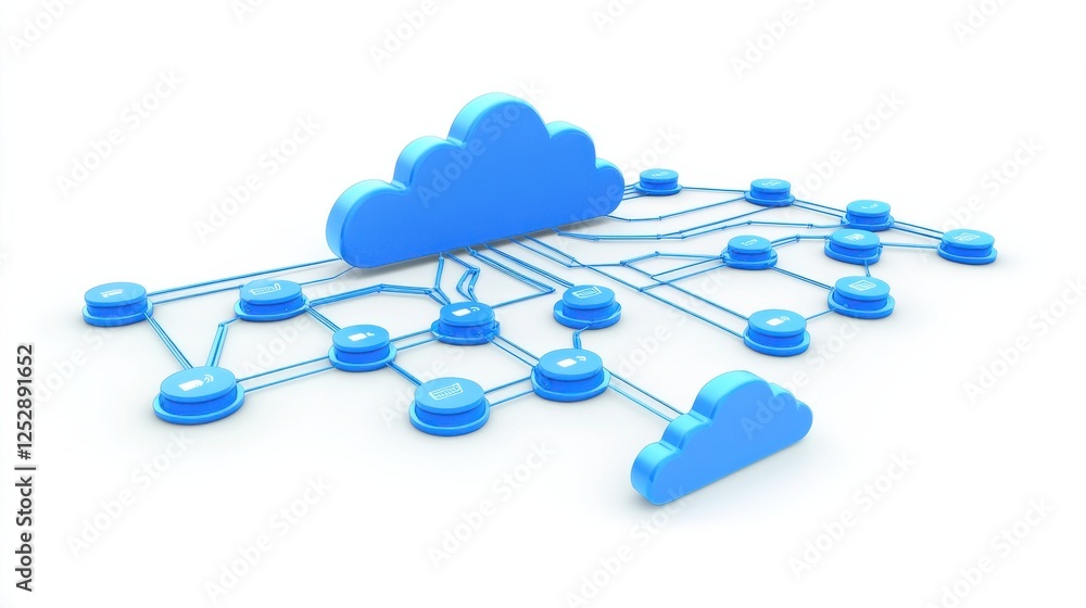 Poster 3d cloud computing network with nodes and connections visual representation