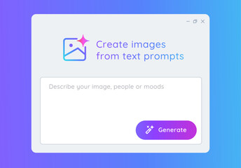 Generative AI generate create image photo with artificial intelligence user interface application bright gradient create graphic art from text prompt button form