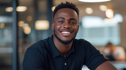 Obraz premium Close-up portrait of a young african-american man with a big smile on his face. he is wearing a black polo shirt and has short, dark hair and a beard.