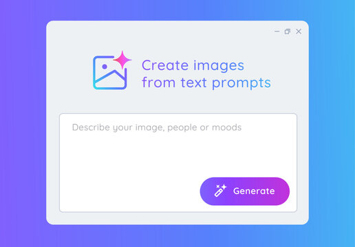 Generative AI generate create image photo with artificial intelligence user interface application bright gradient create graphic art from text prompt button form