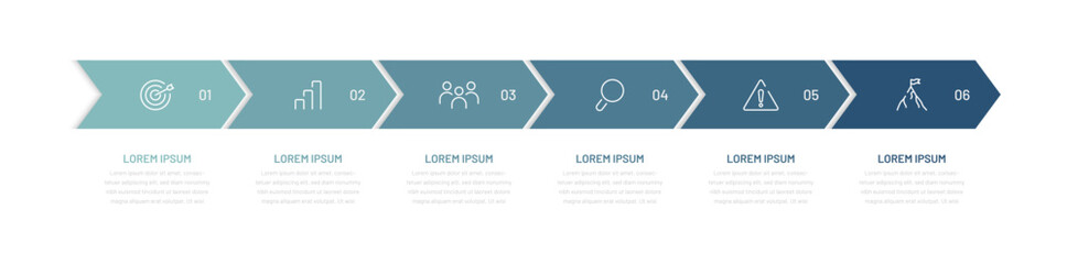 Timeline, infographic of six stages. Sequential processes. Modern diagram for presentation slide, report, web design