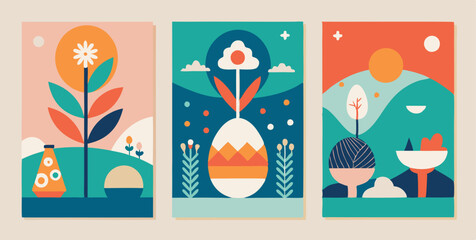 Vibrant easter posters with geometric flower and egg design for spring decoration
