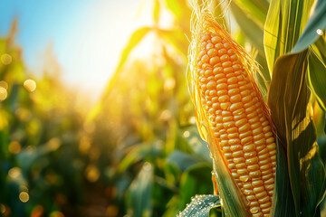 Close-up of a golden ear of corn with dew drops illuminated by soft sunlight in a lush green cornfield during sunrise. Concept of nature, agricultural bounty, farming, and sustainable agriculture.