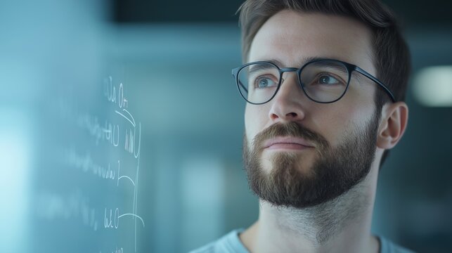Close-up portrait of a young man with a beard and glasses. he is looking up at the camera with a thoughtful expression on his face.