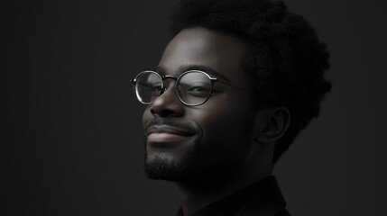 Obraz premium Portrait of a young african-american man with a serious expression on his face. he is wearing round, silver-framed glasses with thin metal frames.