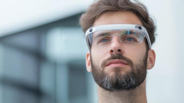 Close-up portrait of a young man with a beard and mustache. he is wearing a pair of google glass, which is a type of virtual reality headset.