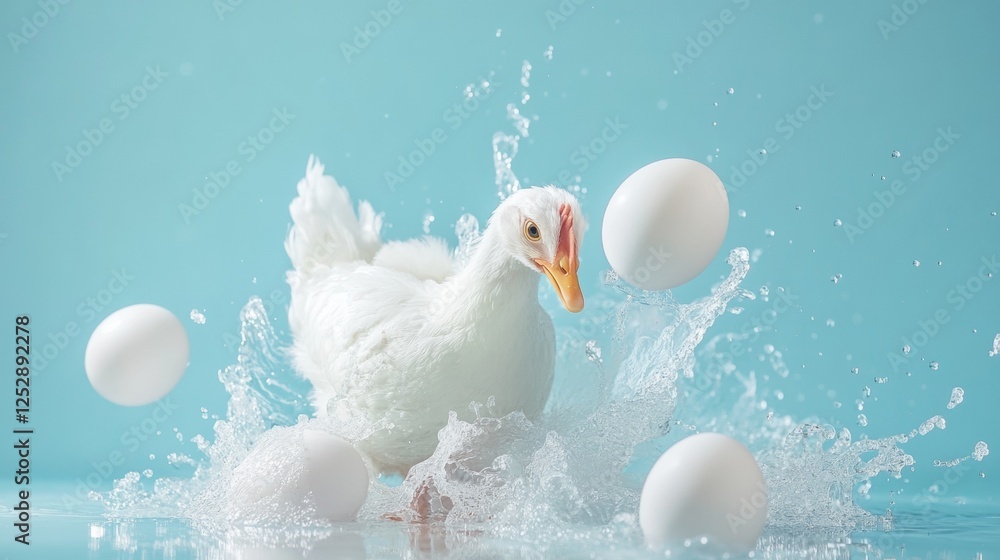 Poster white duck splashing in water with floating eggs
