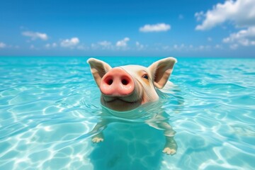 Playful pig swimming in crystal-clear turquoise water under a bright blue sky, enjoying a sunny day
