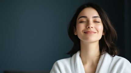 Close-up portrait of a young woman with her eyes closed and a peaceful expression on her face. she is wearing a white robe and her hair is styled in loose waves.