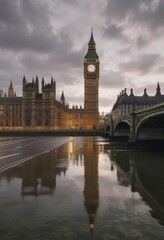 Fototapeta premium Wide angle view of Westminster bridge with Big Ben and Parliament, travel, cityscape, River Thames, iconic