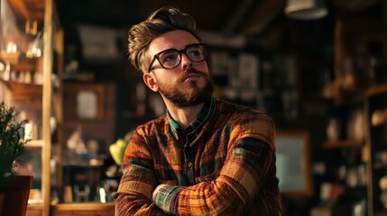 Obraz premium Portrait of a man wearing glasses in a rustic coffee shop