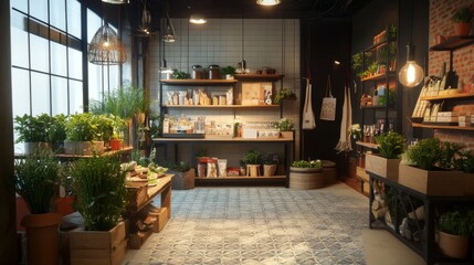 Fototapeta premium Modern garden store with lush plants and natural light