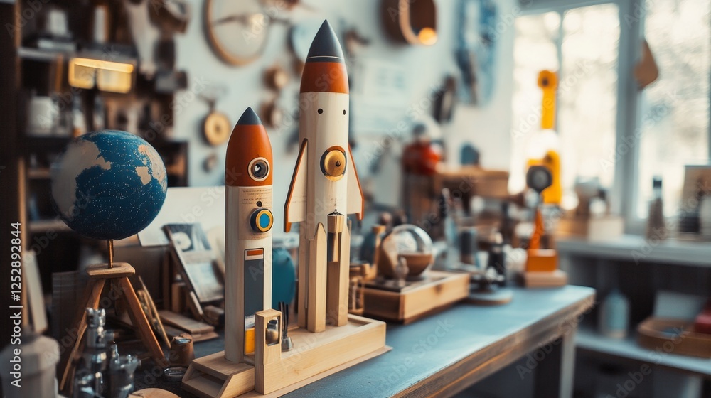 Poster creative workspace with rocket models and globes on display