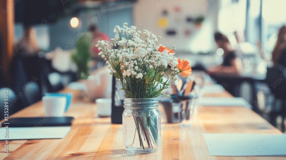 Poster rustic dining table with flowers in a vase and table settings