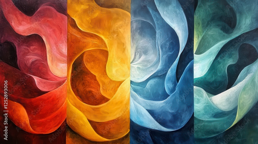 Poster Vibrant Abstract Art with Flowing Colors and Swirls Representing Emotions and Movement in Four Distinct Panels