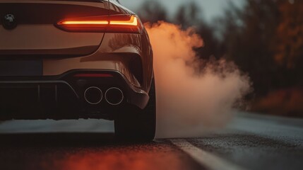 Fototapeta premium Sleek Sports Car Emitting Smoke on Rainy Road at Twilight