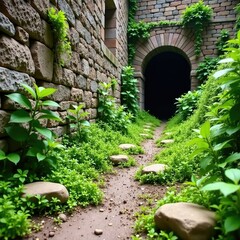 Weedy stones lie scattered on the crumbling castle wall, vegetation, earthy, decay