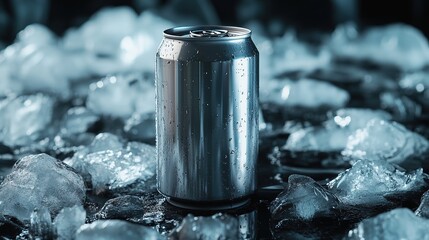 Aluminum Soda Can Mock-Up Template on Ice Rocks. Close-Up Shot for Product Advertisement Photography.