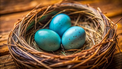 Fototapeta premium Blue Bird Eggs in Nest - Nature Photography Stock Image