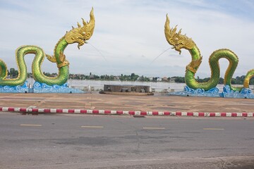 the naga statue at nong khai, a city at mekong river in north est thailand.