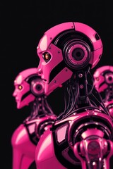 Futuristic pink robots with glowing eyes in a dark setting, showcasing advanced technology and design