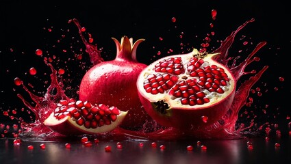 pomegranates with red juice splash on a black background, Red Splash.