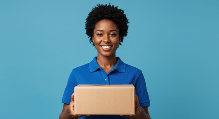 Smiling delivery woman in blue uniform holding a package against blue background