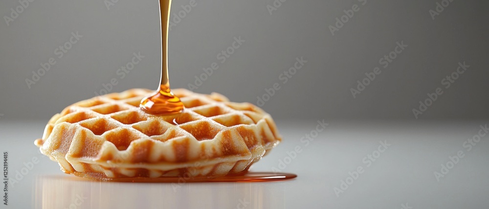 Poster waffle with a drizzle of honey on top. the waffle is golden brown and appears to be freshly made. th